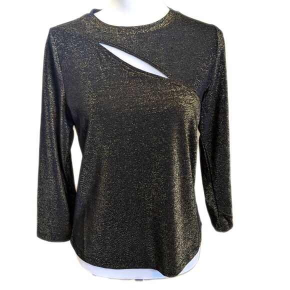 DKNY black & gold stretch metallic sparkle long sleeved t shirt with cutout M - Picture 1 of 6